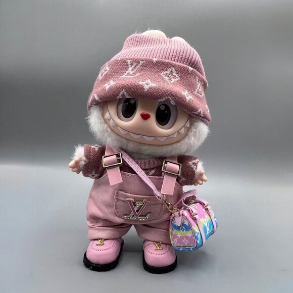 Pink 3 Pieces Overall With Shoes + Purse Fits For Labubu Doll - Picture 2 of 8